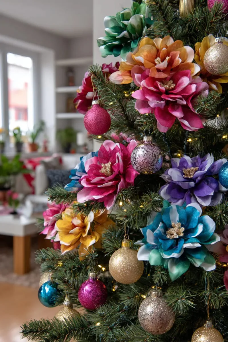 vibrant rainbow tree decorated with multicolored florals and baubles 1