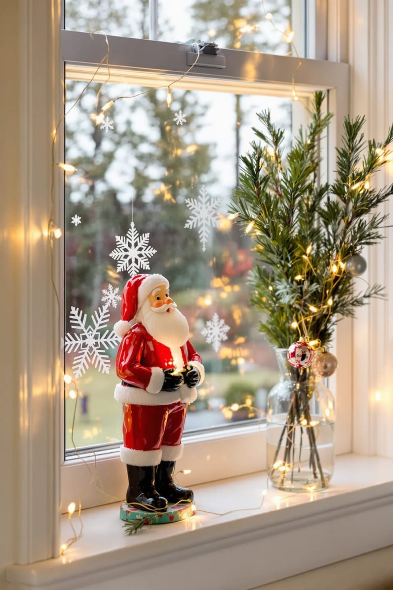 23 Kitsch Christmas Decor Ideas Full of Color, Whimsy, and Cheer 23 vintage blow mold santa paired with glittery snowflake window clings 1