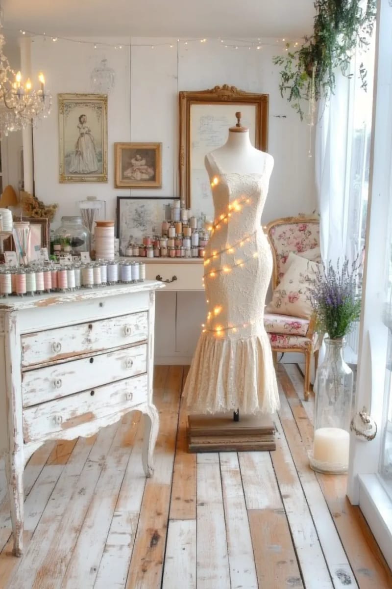 vintage dress form wrapped in twinkle fairy lights 1