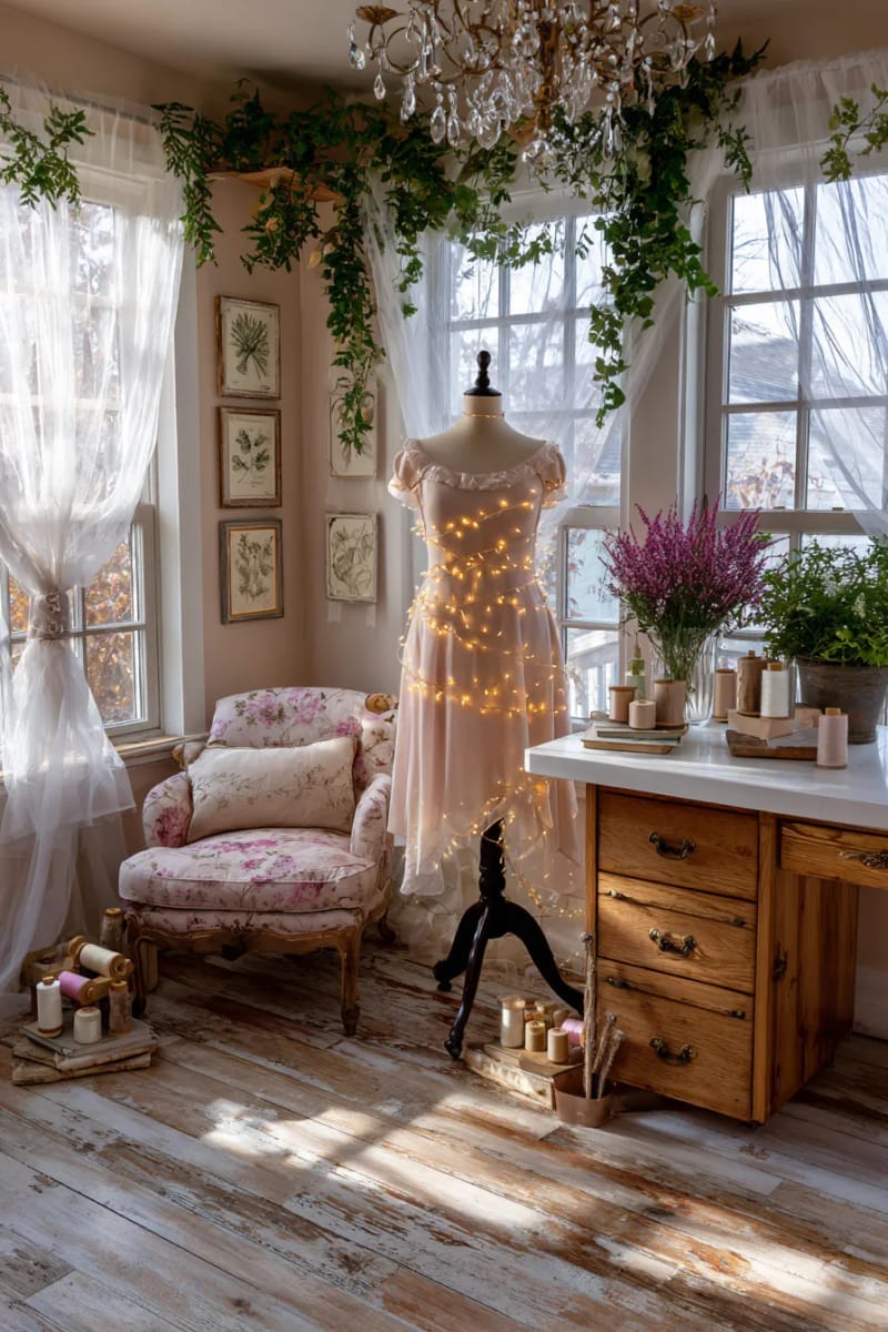 vintage dress form wrapped in twinkle fairy lights 1