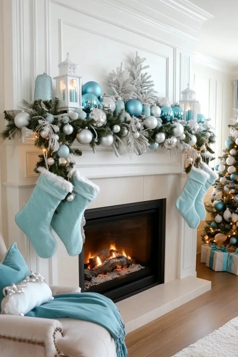 vintage glass ornaments in icy blue hues reflecting candlelight on a mantel 1