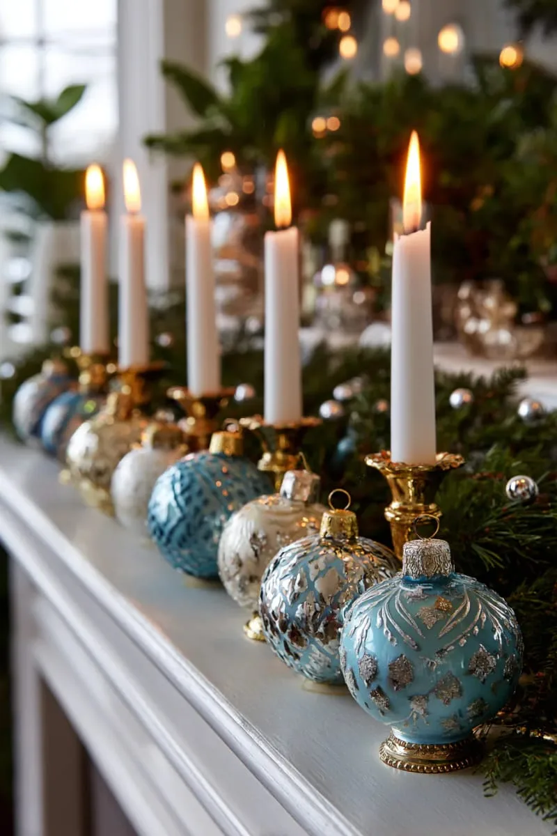 vintage glass ornaments in icy blue hues reflecting candlelight on a mantel 1