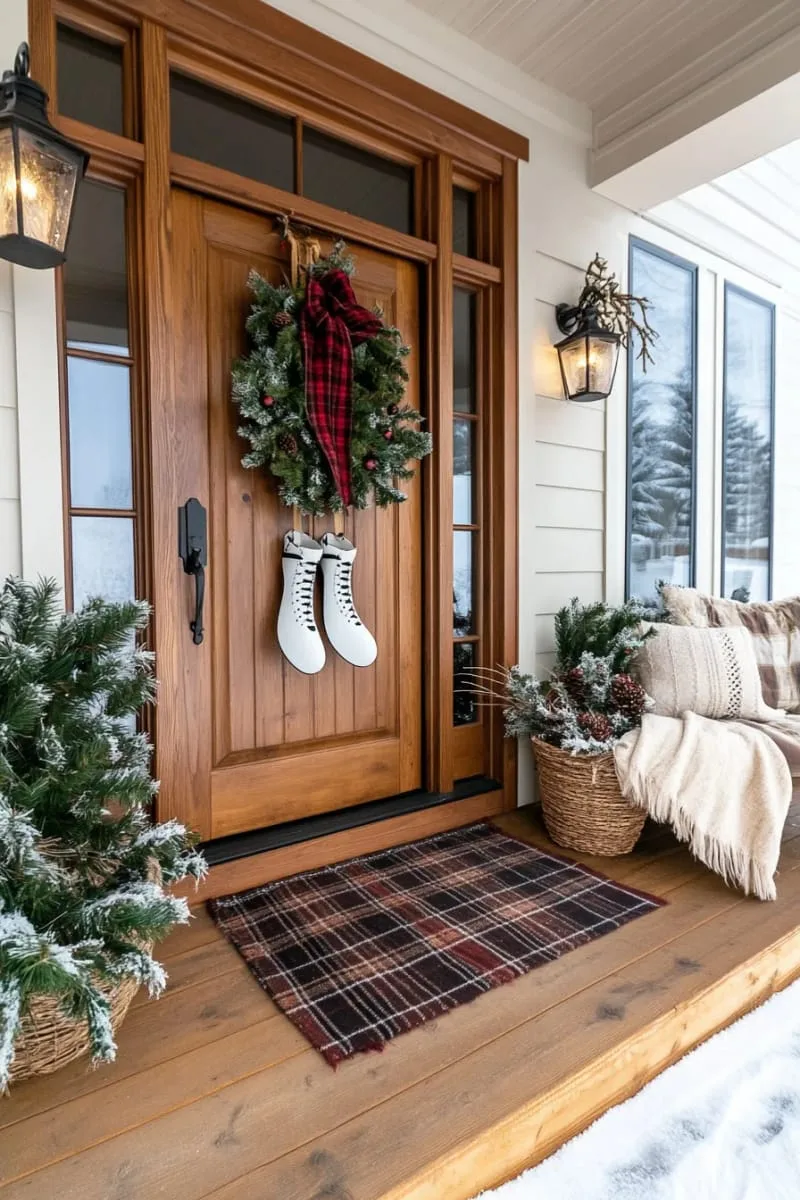 vintage ice skates hung on door with pinecone swag 1