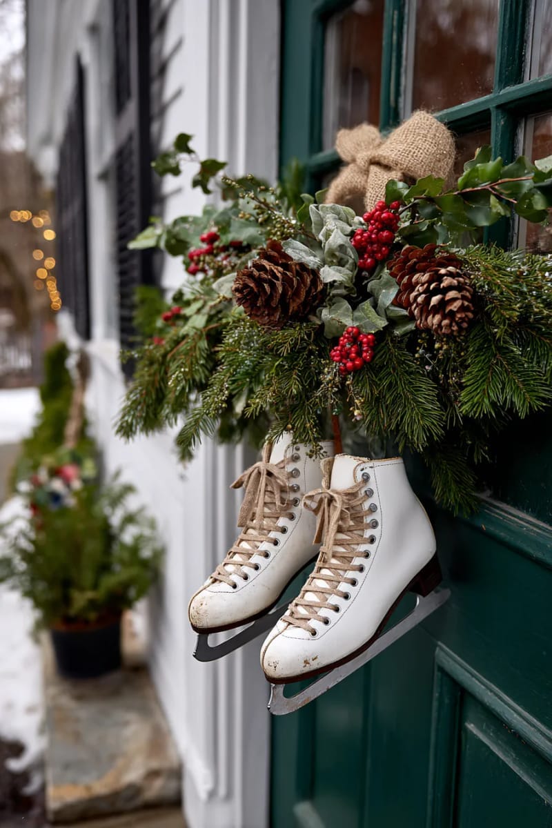 25 Gorgeous Winter Decor Ideas (Not Christmas) for a Serene Home 44 vintage ice skates hung on door with pinecone swag 1