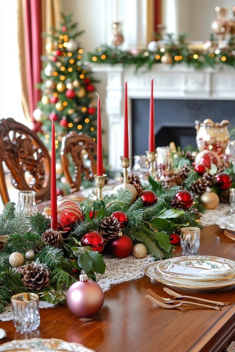 27 Vintage Christmas Decorations You'll Love 45 vintage-inspired candle centerpiece with faux fruit, greenery, and tall red tapers 1