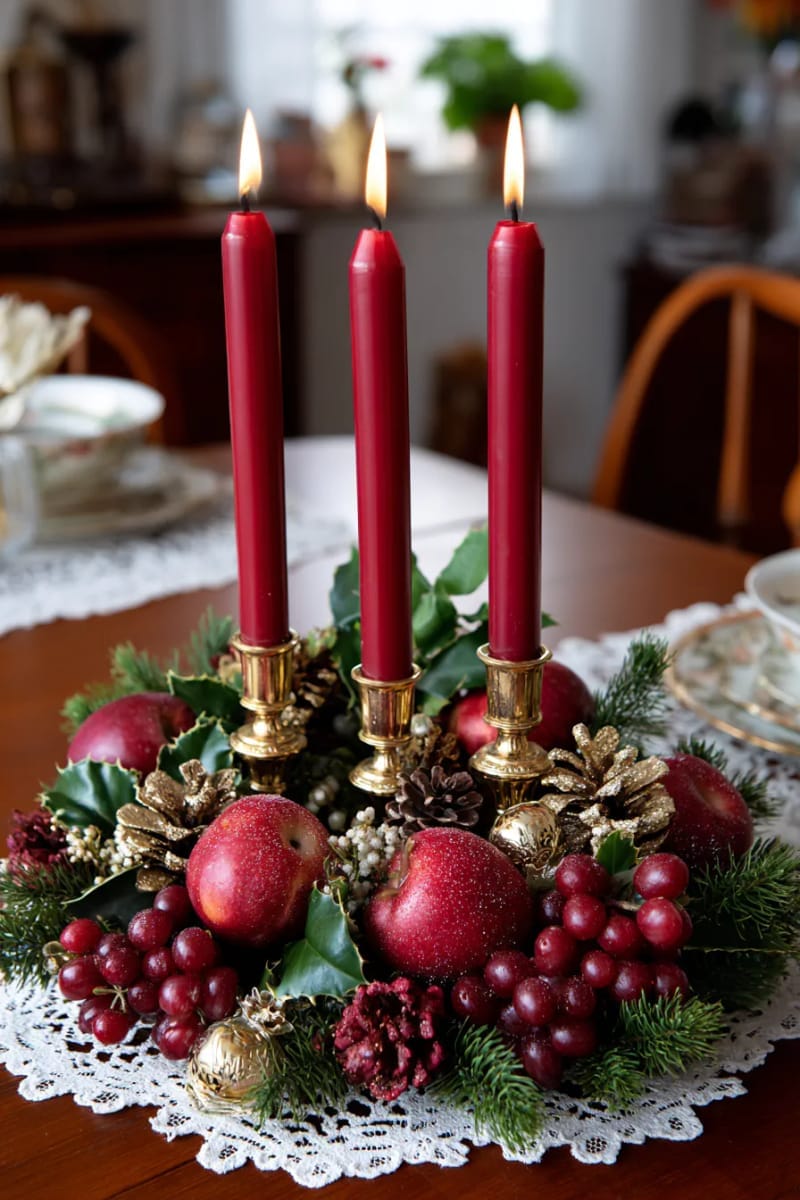 27 Vintage Christmas Decorations You'll Love 46 vintage-inspired candle centerpiece with faux fruit, greenery, and tall red tapers 1