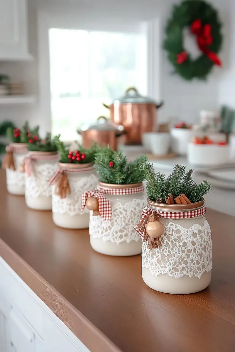 vintage-inspired christmas candle jars lined up on kitchen counters 1