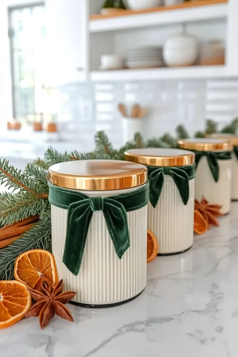 vintage-inspired christmas candle jars lined up on kitchen counters 1