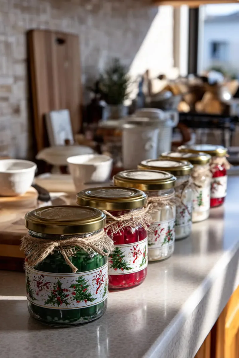 vintage-inspired christmas candle jars lined up on kitchen counters 1