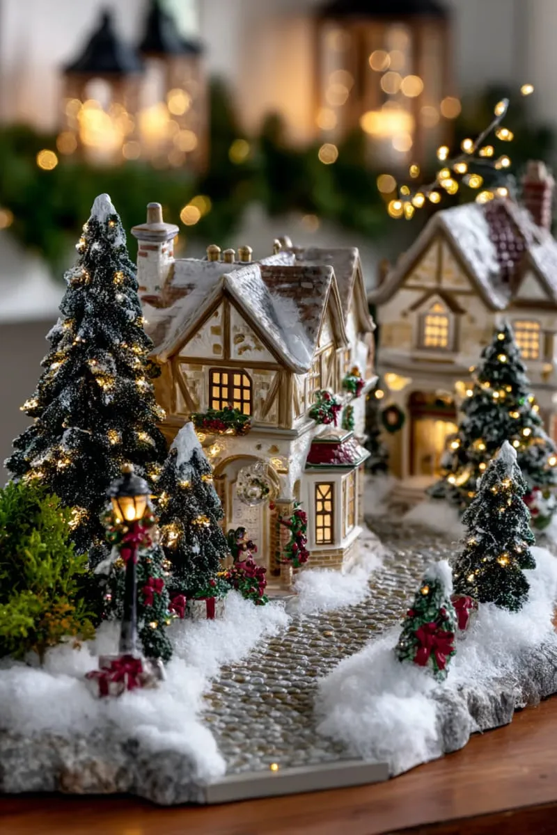 vintage-inspired christmas village with glowing miniature houses 1