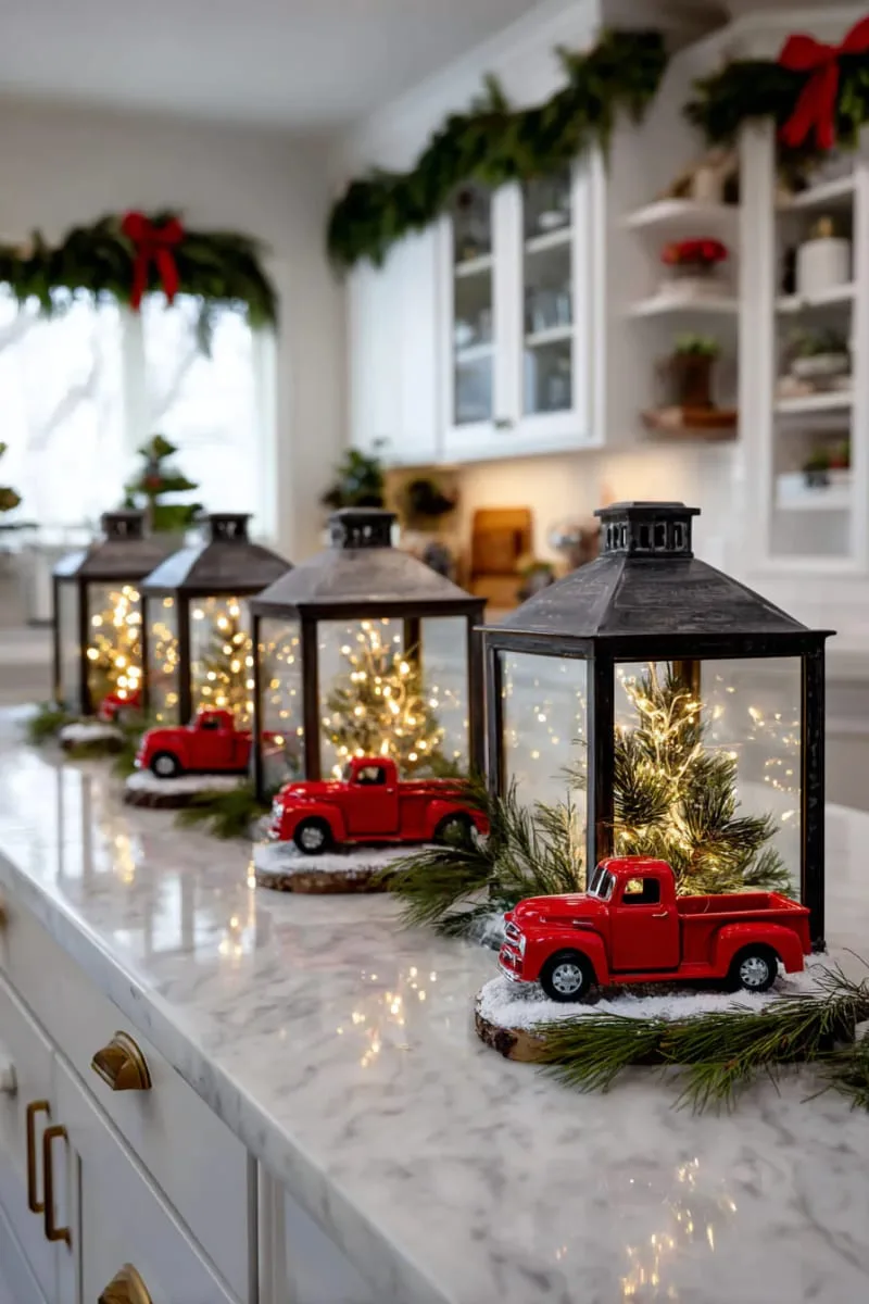 vintage-inspired lanterns with twinkle lights and miniature red trucks 1