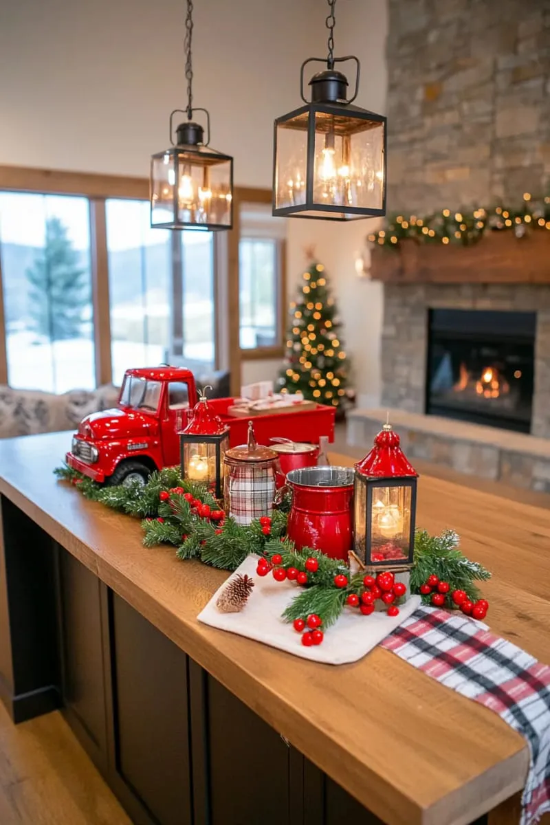 vintage-inspired lanterns with twinkle lights and miniature red trucks 1