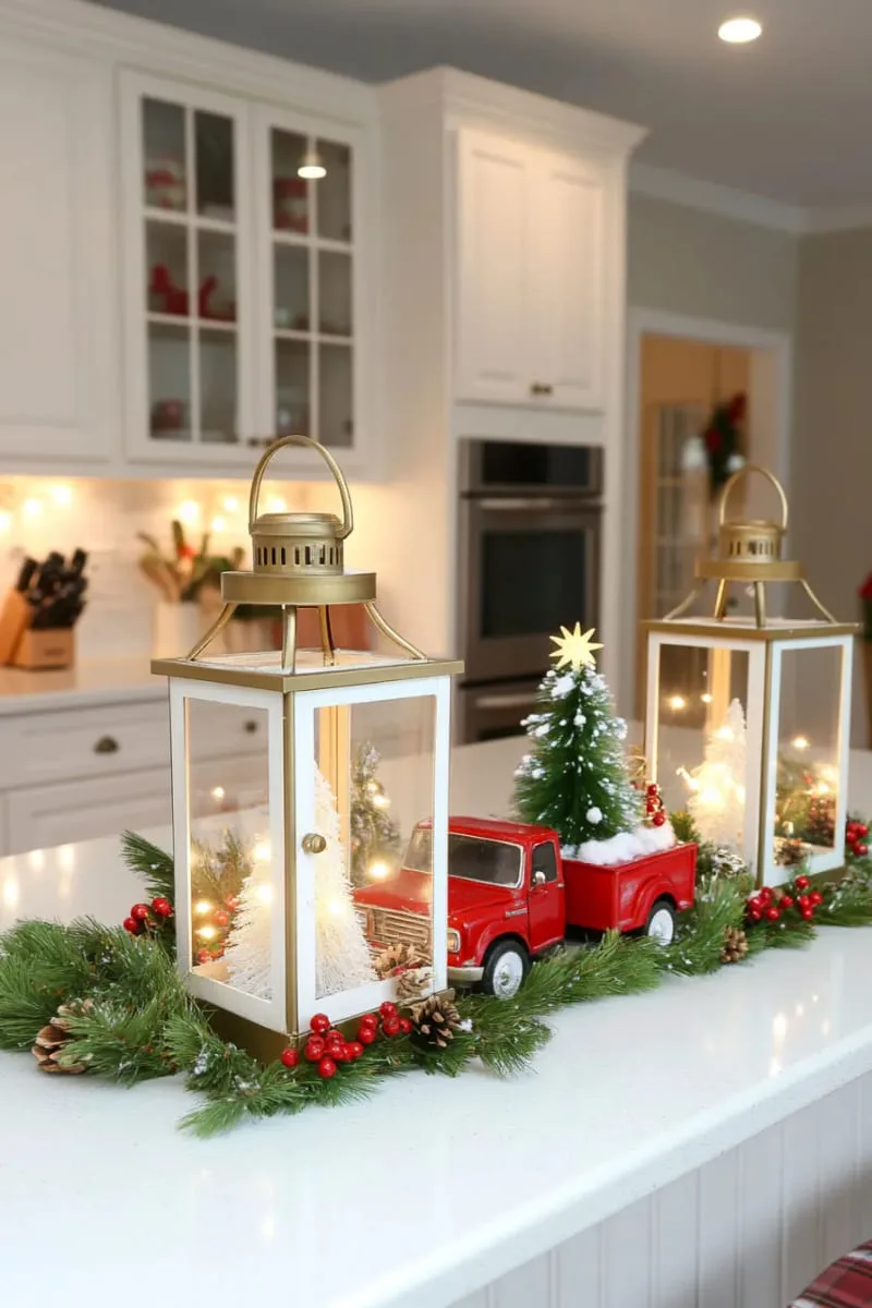vintage-inspired lanterns with twinkle lights and miniature red trucks 1