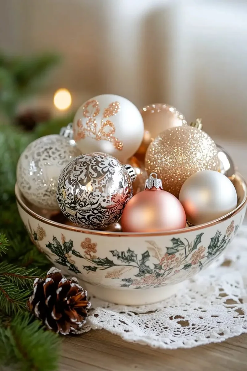 29 Best Christmas Decorations Trends You Can't Miss This Year 104 vintage-inspired mercury glass ornaments in a decorative bowl 1