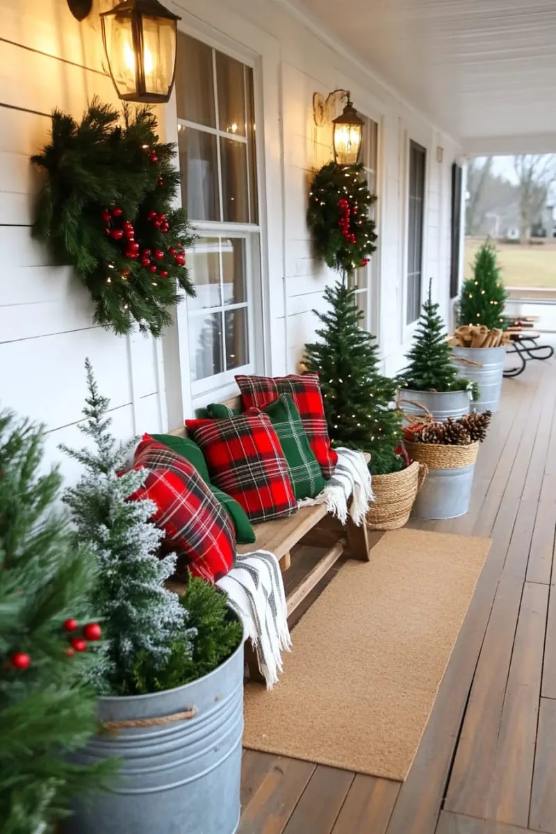 15 Dreamy Front Porch Christmas Trees to Try This Year 18 vintage-inspired porch with galvanized buckets holding snowy flocked trees 1