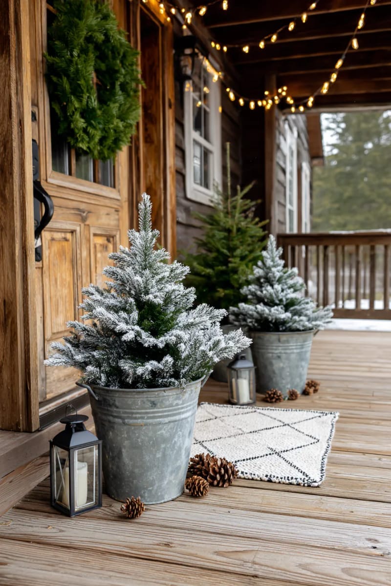 15 Dreamy Front Porch Christmas Trees to Try This Year 20 vintage-inspired porch with galvanized buckets holding snowy flocked trees 1