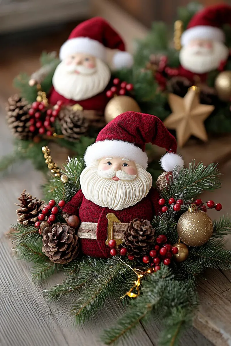 25 Traditional Christmas Decor Ideas with a Nostalgic Vintage Touch 32 vintage-inspired santa figurines nestled among evergreen boughs 1