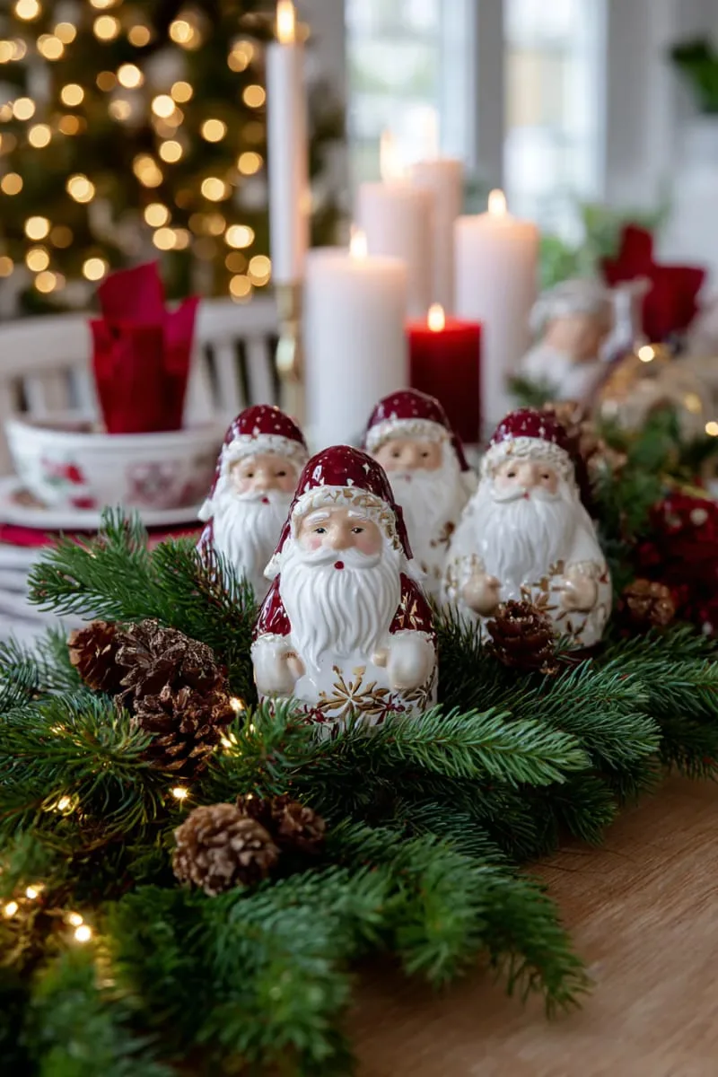 25 Traditional Christmas Decor Ideas with a Nostalgic Vintage Touch 33 vintage-inspired santa figurines nestled among evergreen boughs 1