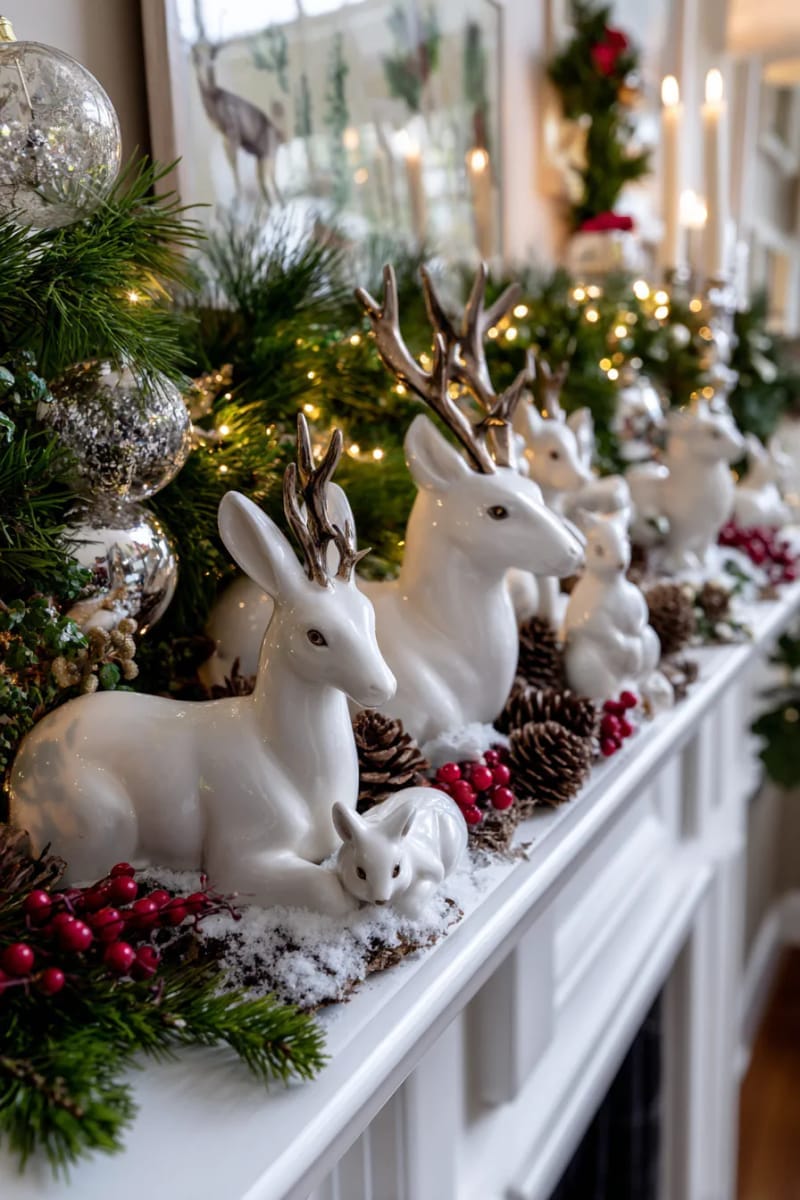 25 New Gorgeous White Christmas Decor Ideas That Wow 47 vintage-inspired white ceramic deer and woodland creatures vignette 1