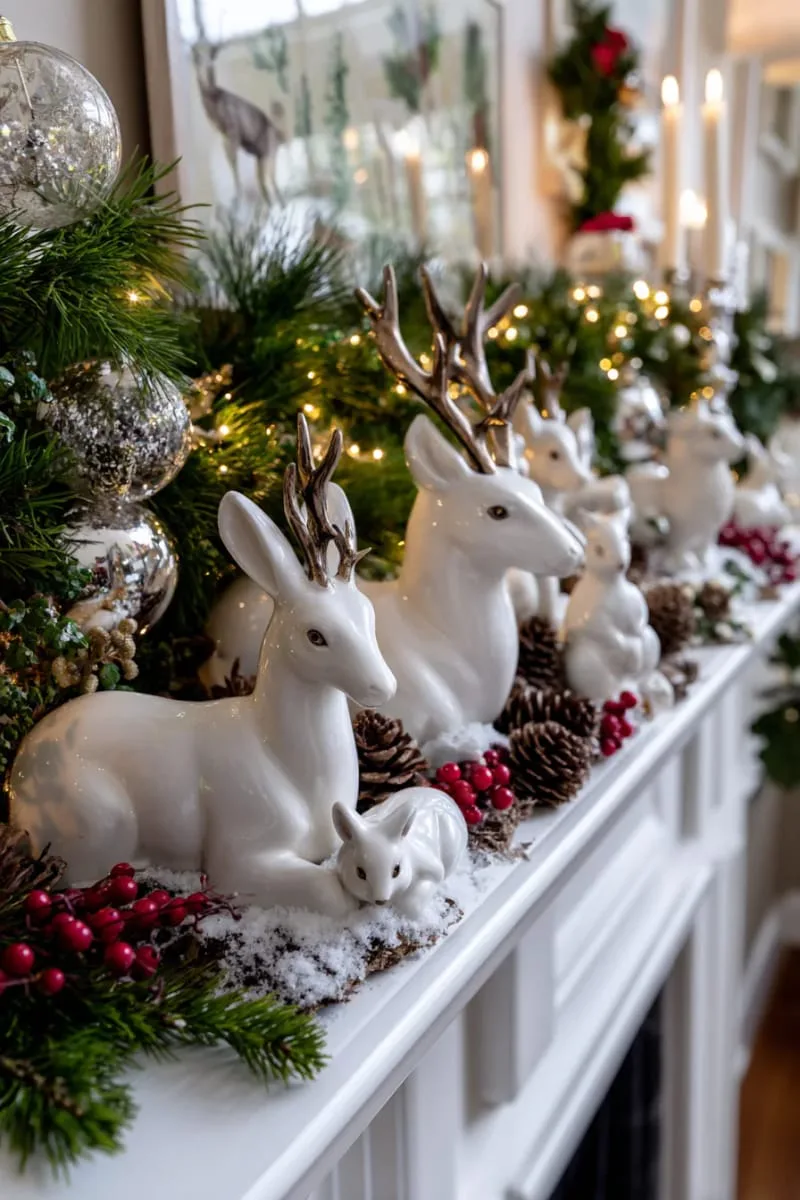 25 New Gorgeous White Christmas Decor Ideas That Wow 46 vintage-inspired white ceramic deer and woodland creatures vignette 1