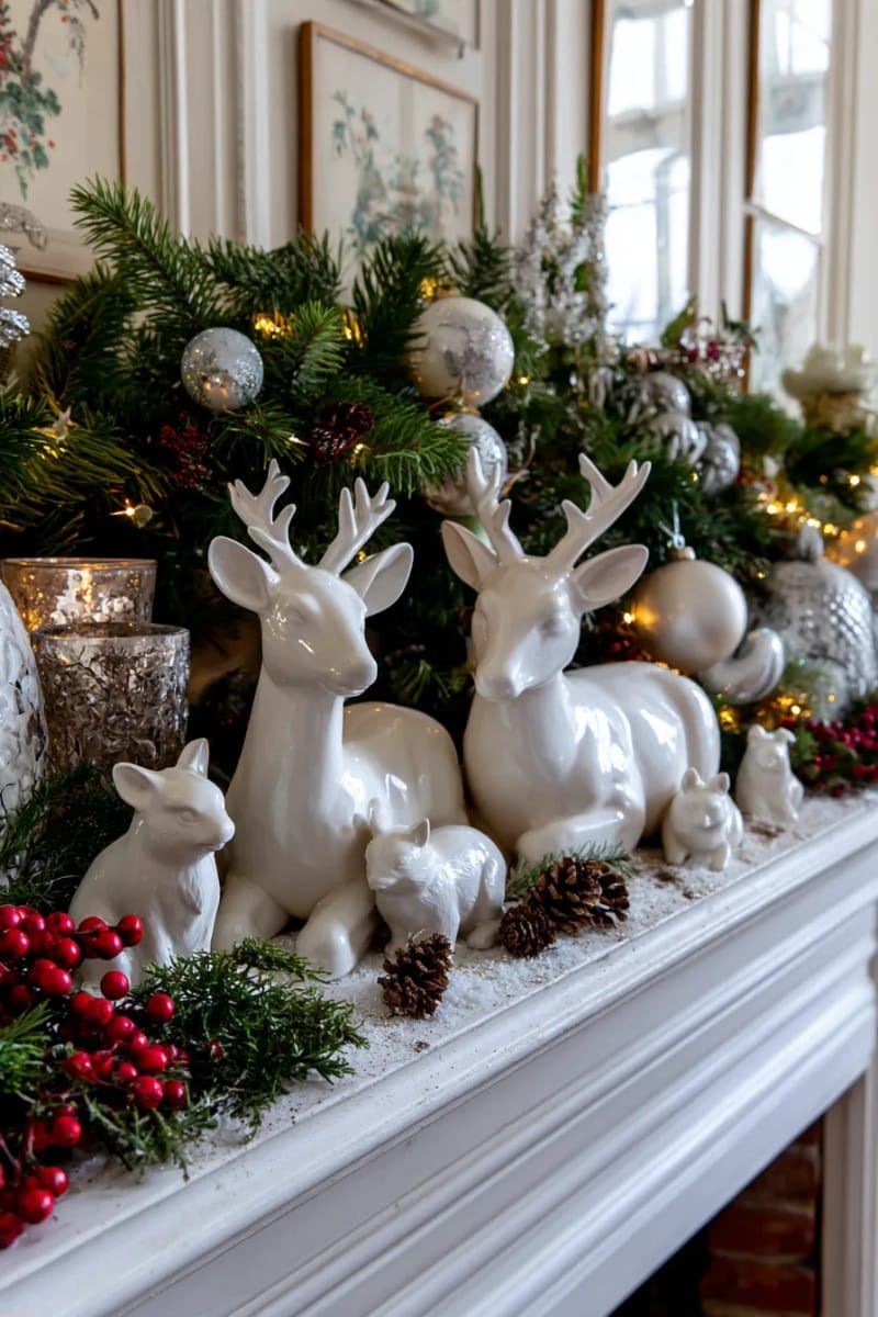 25 New Gorgeous White Christmas Decor Ideas That Wow 49 vintage-inspired white ceramic deer and woodland creatures vignette 1
