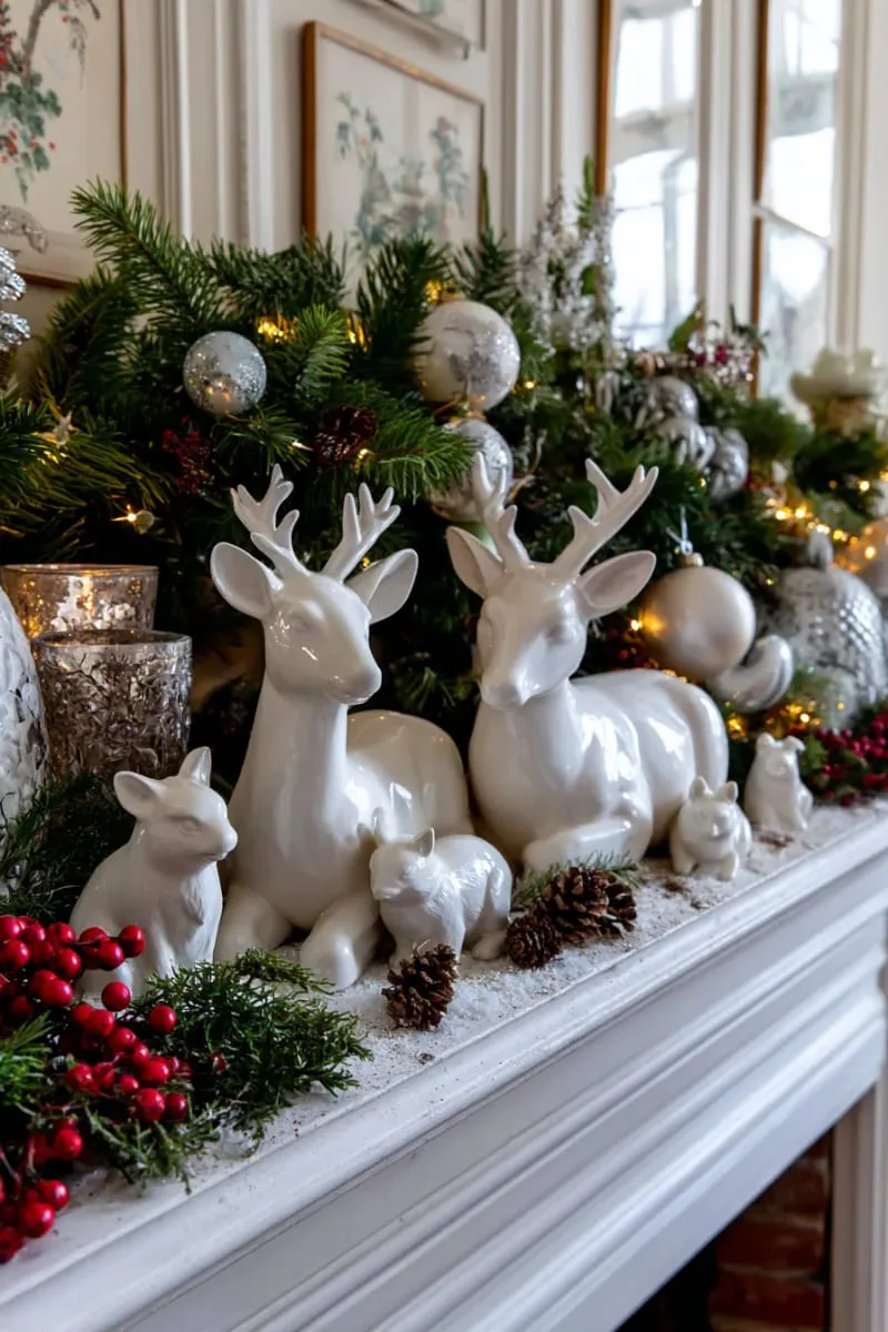 25 New Gorgeous White Christmas Decor Ideas That Wow 48 vintage-inspired white ceramic deer and woodland creatures vignette 1