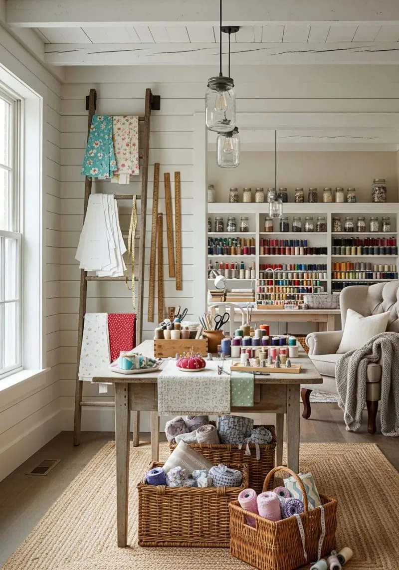 15 Sewing Room Organization Ideas to Declutter and Inspire Creativity 60 vintage ladder leaned against the wall for draping patterns and rulers 1