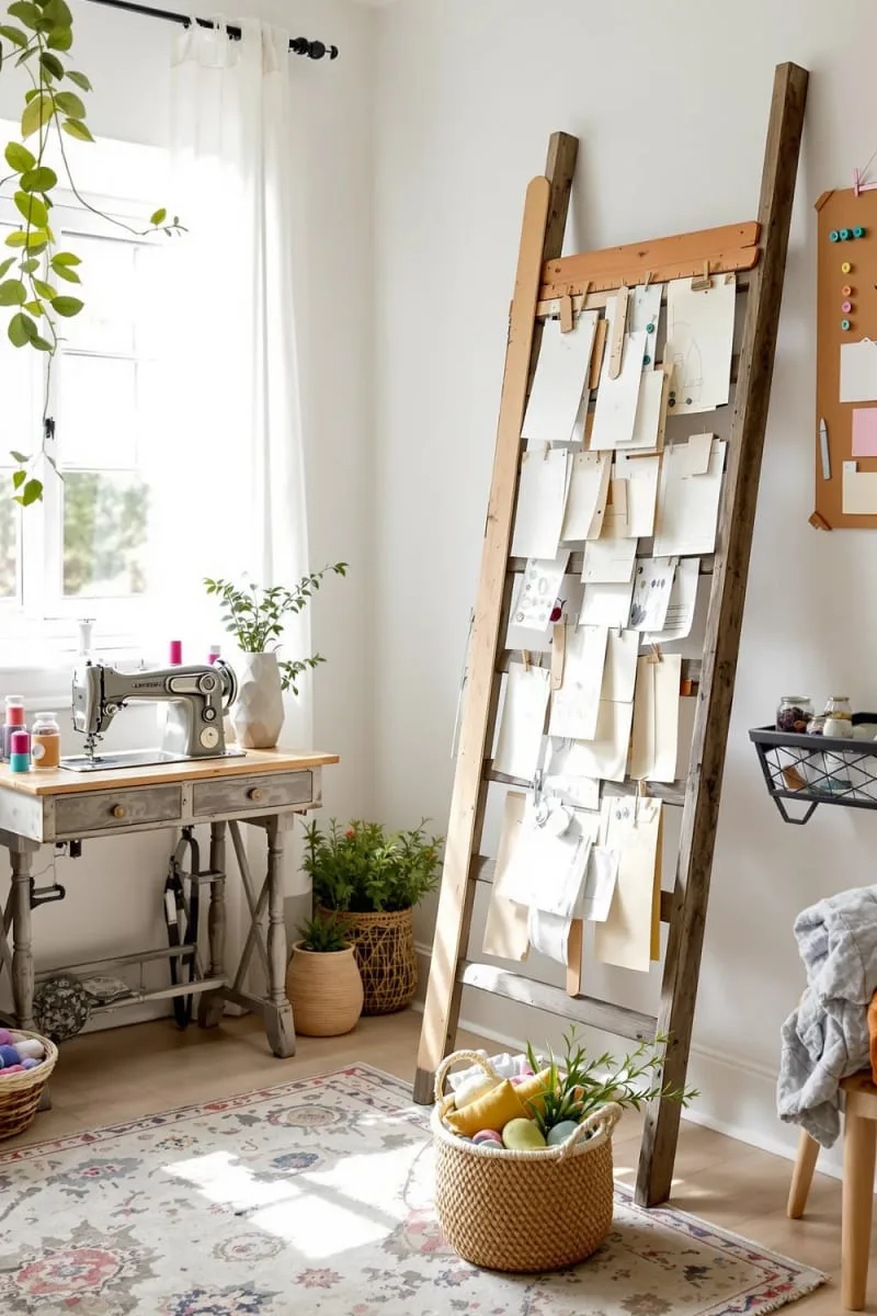 15 Sewing Room Organization Ideas to Declutter and Inspire Creativity 61 vintage ladder leaned against the wall for draping patterns and rulers 1