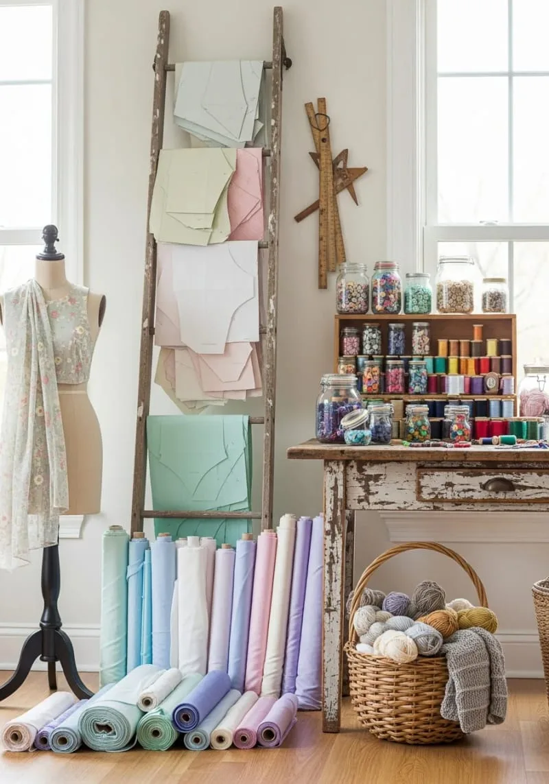 15 Sewing Room Organization Ideas to Declutter and Inspire Creativity 62 vintage ladder leaned against the wall for draping patterns and rulers 1