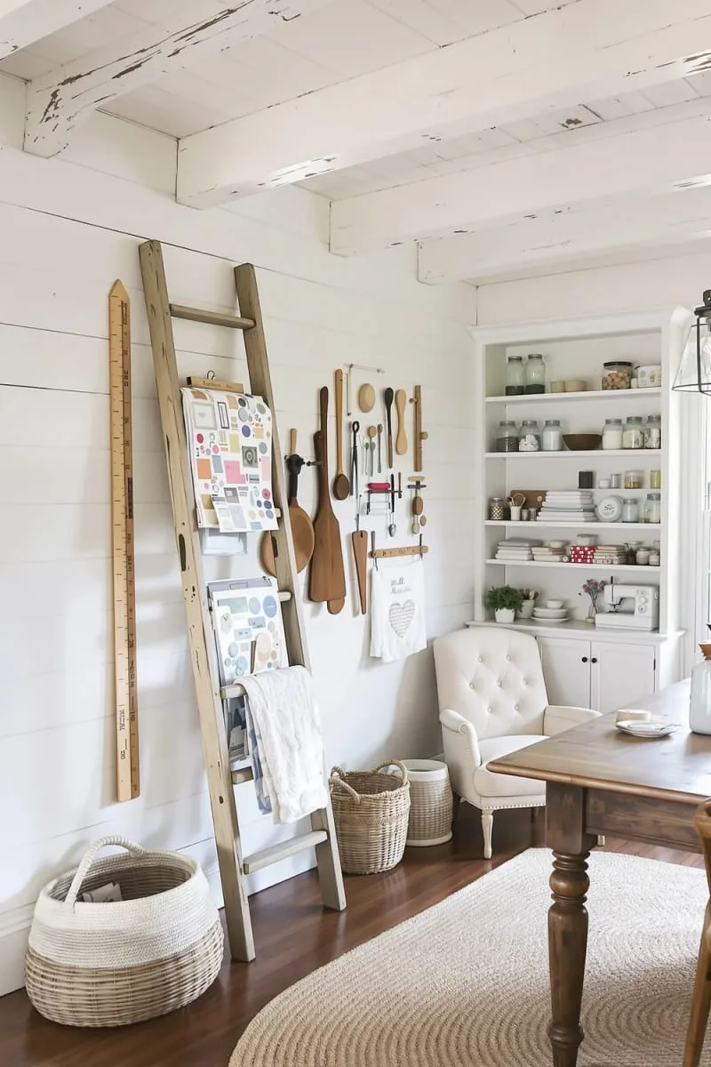 15 Sewing Room Organization Ideas to Declutter and Inspire Creativity 65 vintage ladder leaned against the wall for draping patterns and rulers 1