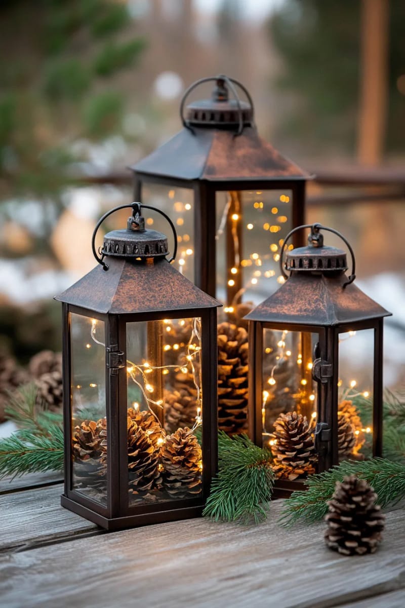 vintage lanterns filled with fairy lights and pinecones for a rustic touch 1