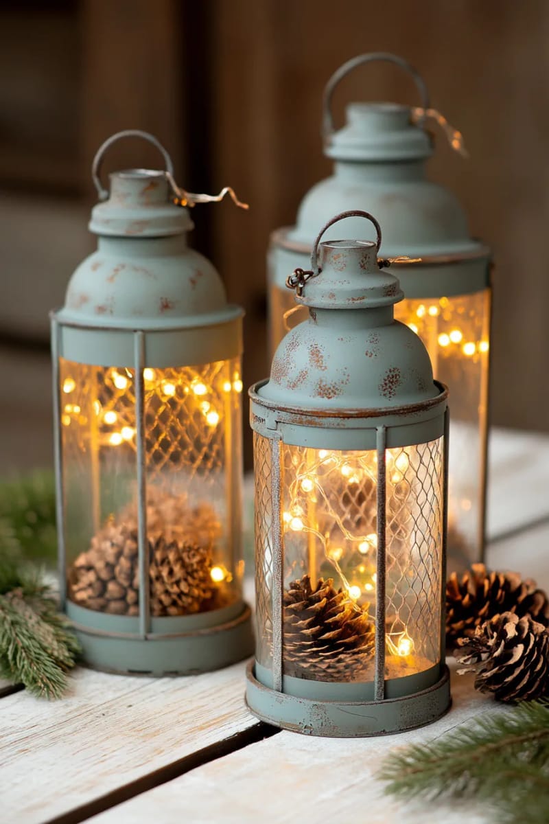 vintage lanterns filled with fairy lights and pinecones for a rustic touch 1
