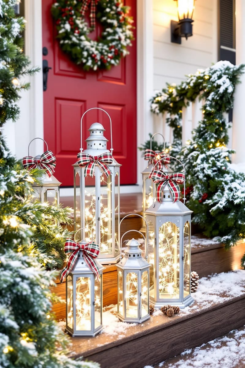 vintage lanterns with twinkling bulbs and plaid ribbon accents 10