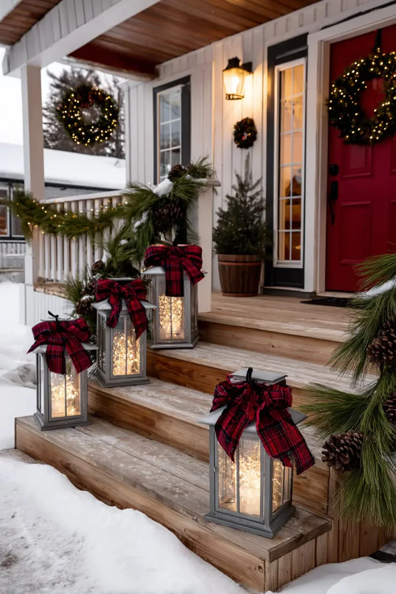vintage lanterns with twinkling bulbs and plaid ribbon accents 1