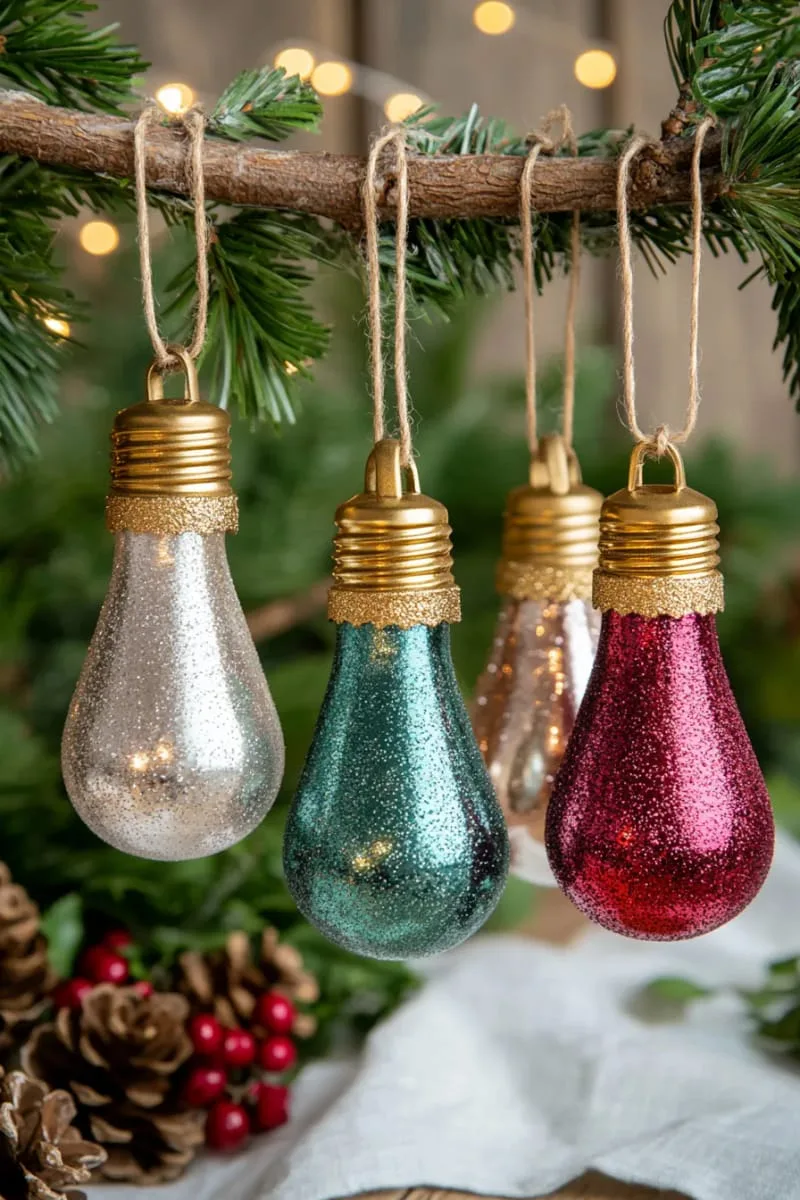25 Upcycled Christmas Crafts DIY: Unique & Budget Friendly Decor Ideas 71 vintage light bulb ornaments dipped in metallic paint and glitter 1