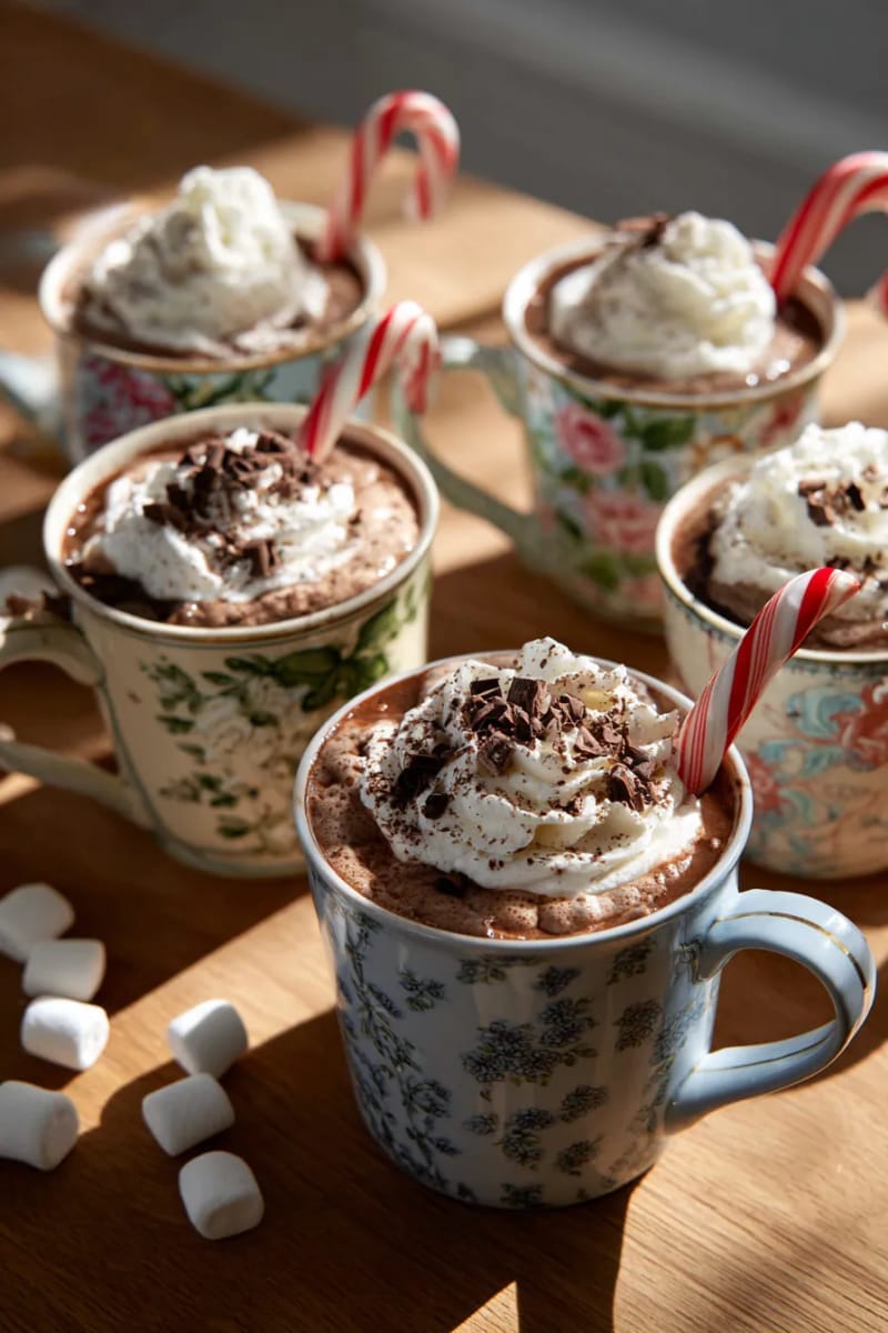 vintage mugs of hot cocoa topped with overflowing whipped cream and candy canes 1