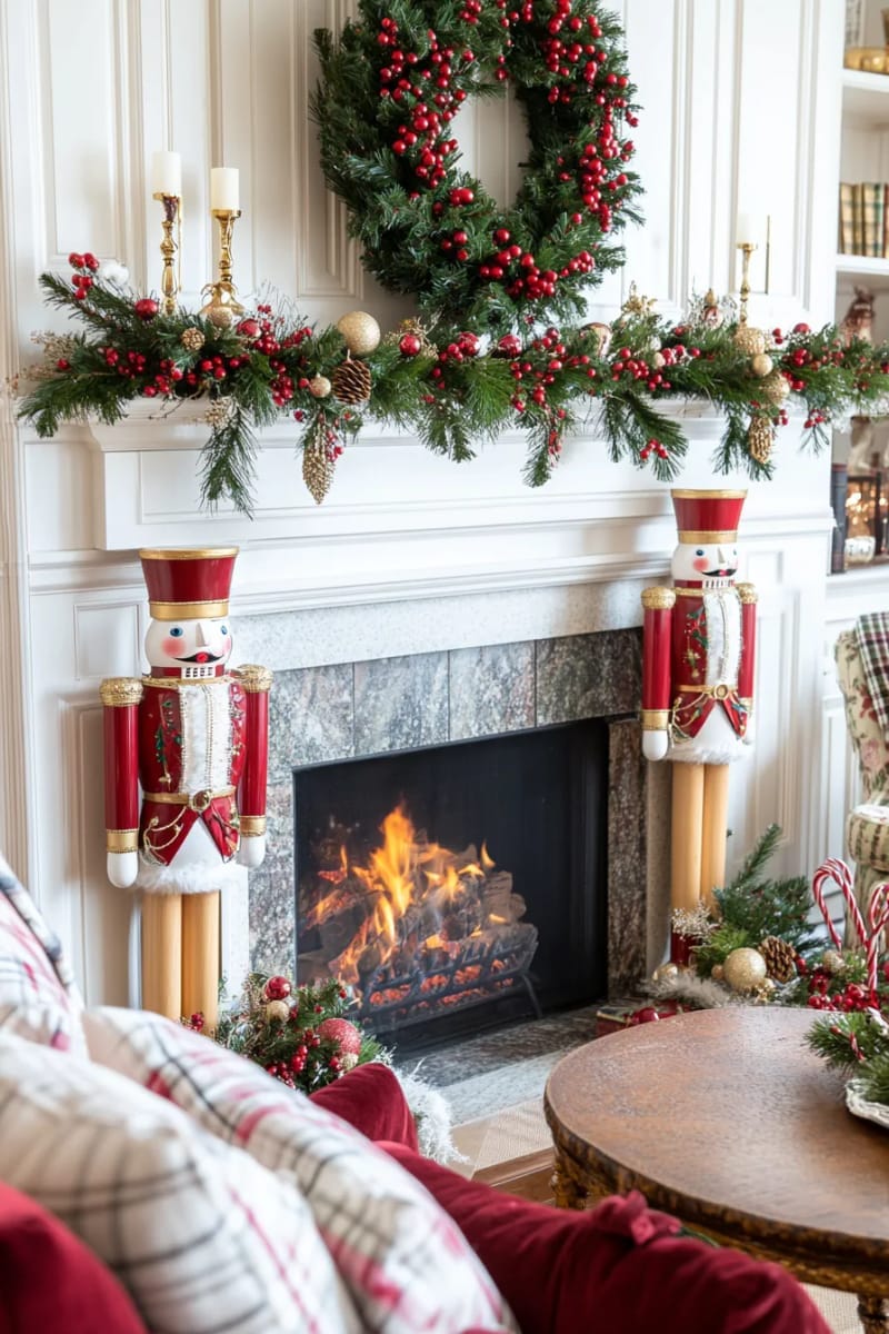 29 Stylish Christmas Mantle Decor Ideas to Inspire Your Home 5 vintage nutcrackers flanking a classic red berry wreath centerpiece 1