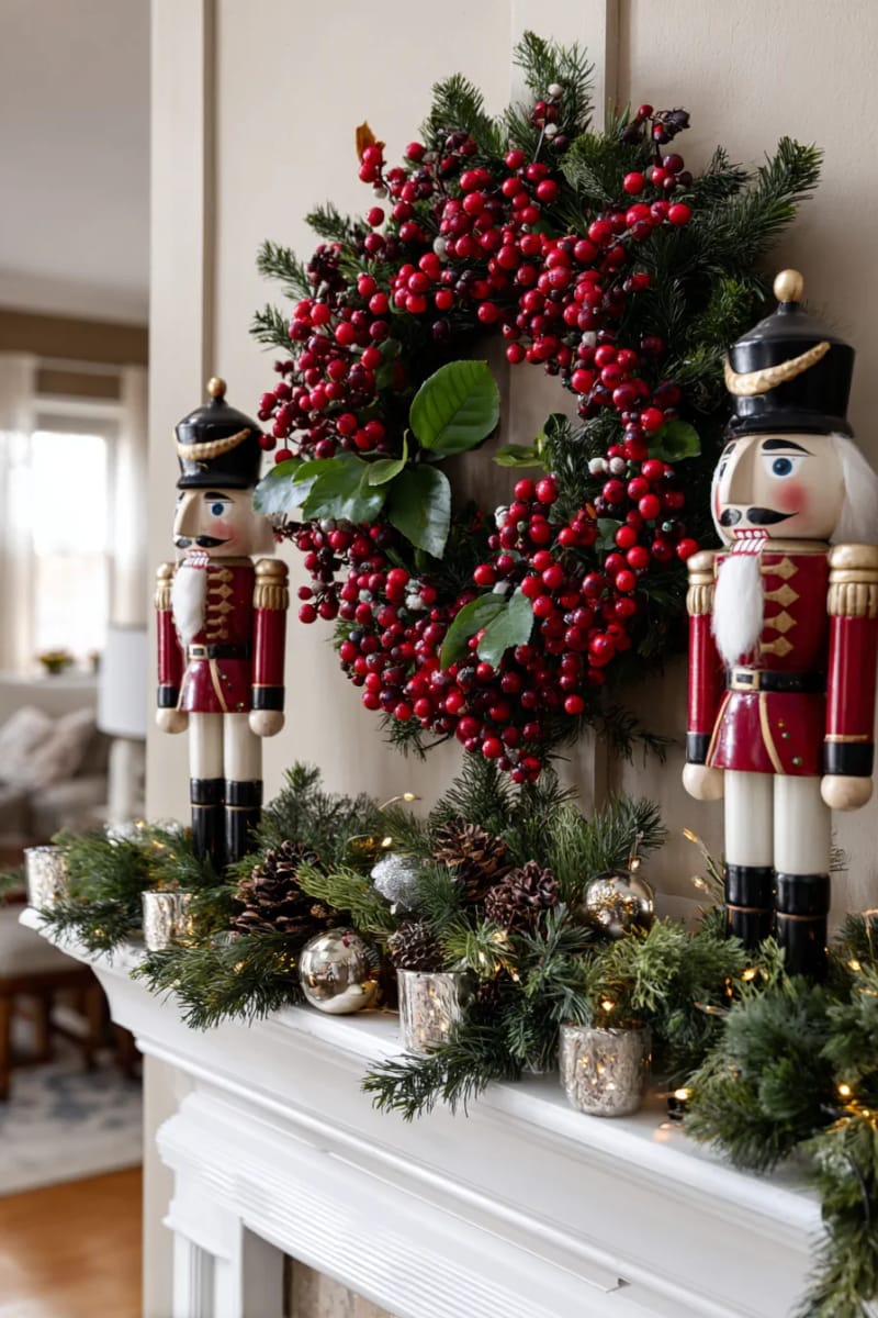 29 Stylish Christmas Mantle Decor Ideas to Inspire Your Home 6 vintage nutcrackers flanking a classic red berry wreath centerpiece 1