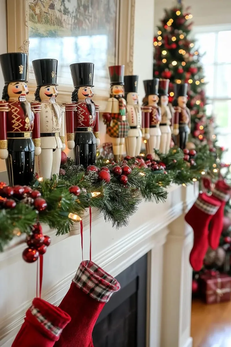 vintage nutcrackers lined up with cranberry and pine garland 1
