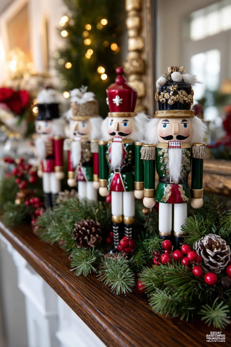 25 Best Ways to Decorate Your Fireplace for Christmas 20 vintage nutcrackers lined up with cranberry and pine garland 1
