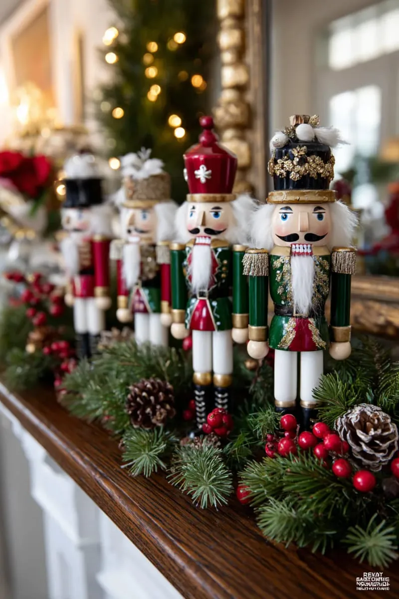 vintage nutcrackers lined up with cranberry and pine garland 1