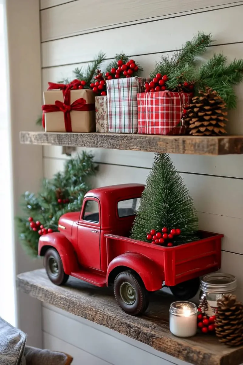 vintage red truck carrying mini christmas tree on rustic wood floating shelves 1