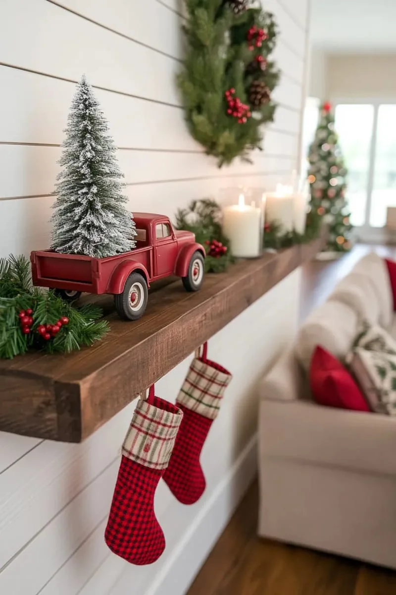 vintage red truck carrying mini christmas tree on rustic wood floating shelves 1