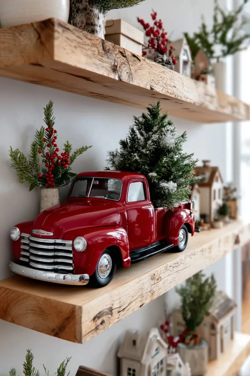 vintage red truck carrying mini christmas tree on rustic wood floating shelves 1
