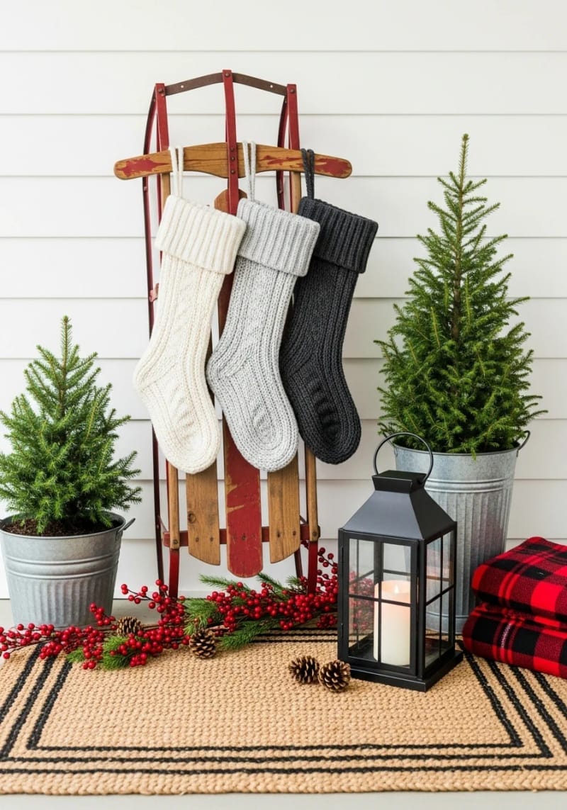 vintage sled propped against shiplap wall, draped with knit stockings 1
