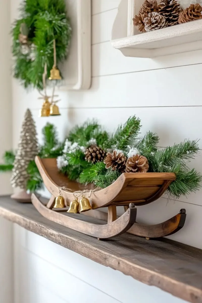 vintage sled propped on shelf with jingle bells and evergreen branches 1