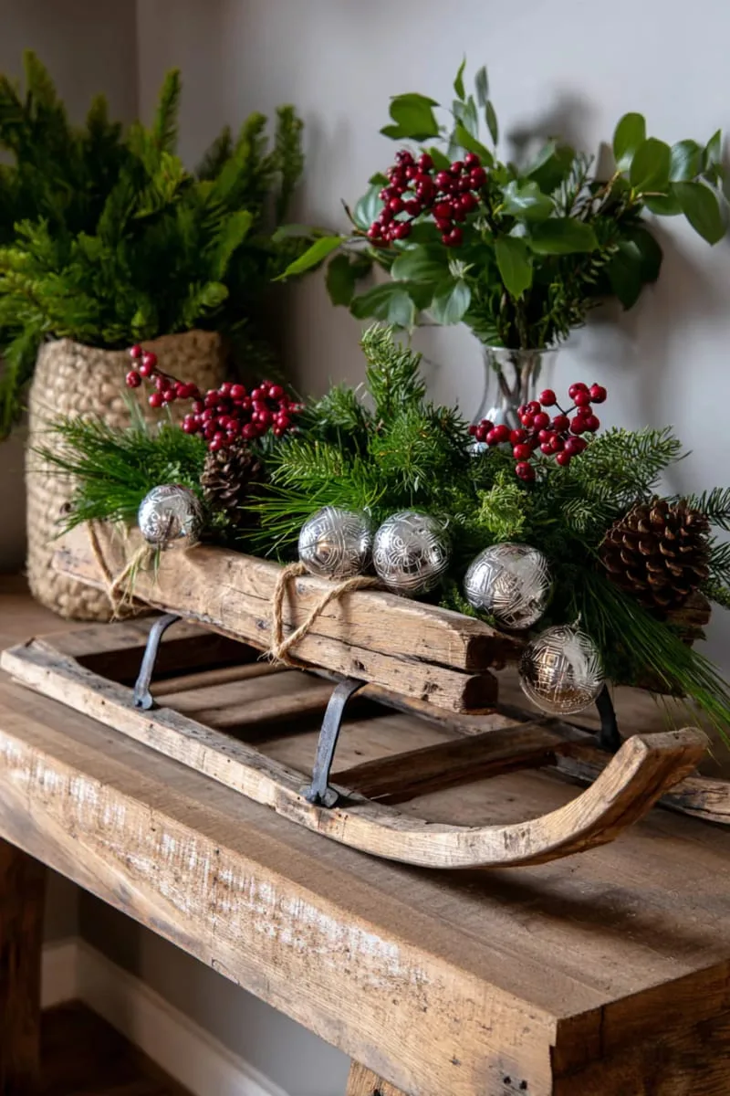 vintage sled propped on shelf with jingle bells and evergreen branches 1