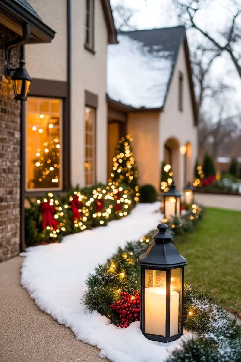 vintage-style lanterns with flickering led candles and faux snow 1