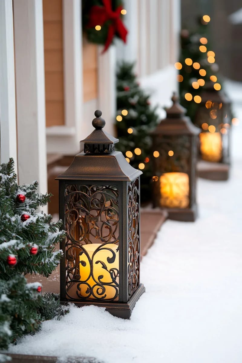 vintage-style lanterns with flickering led candles and faux snow 1