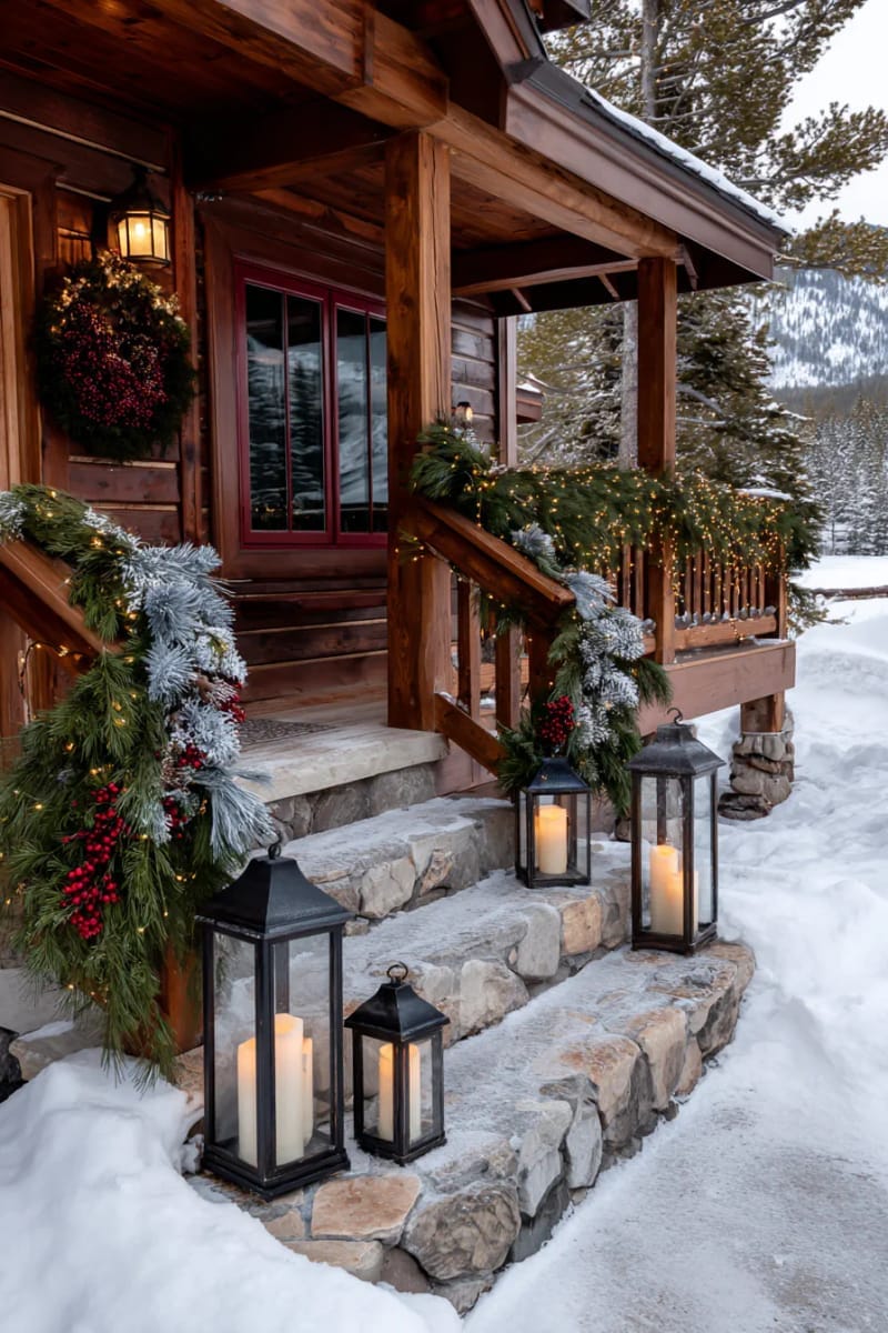 vintage-style lanterns with flickering led candles and faux snow 1